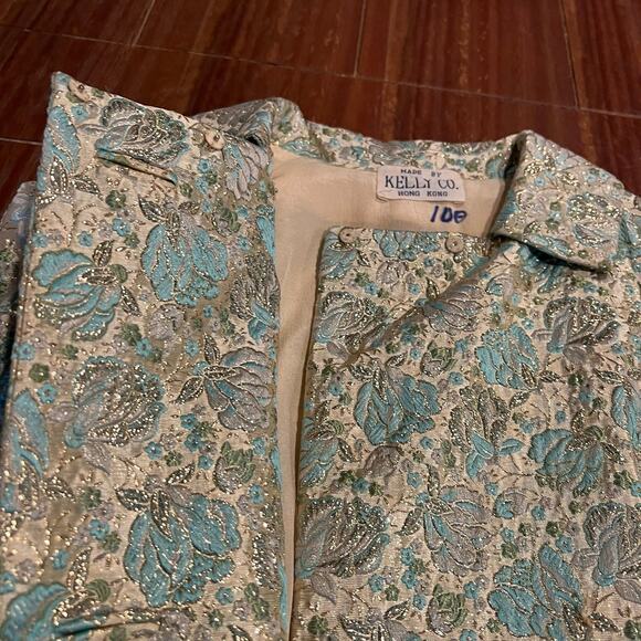 Vintage Brocade Coat Jacket Kelly Co. Hong Kong Blue Cream Gold Green - Picture 4 of 9